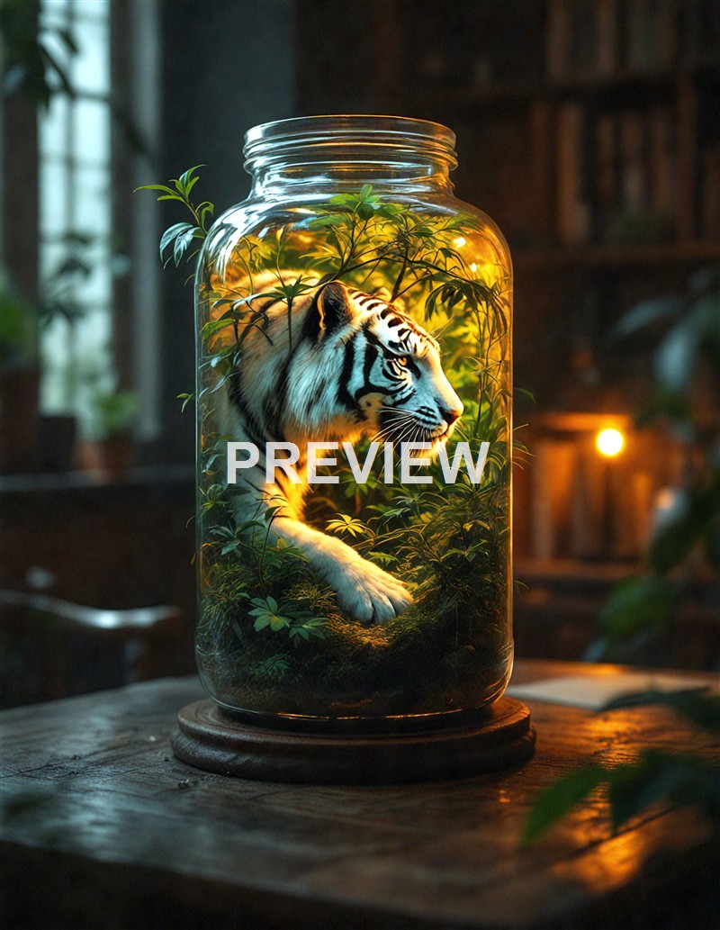 A white tiger cub is inside a glass jar filled with green foliage, with warm lighting highlighting its face and paw, set on a wooden surface in an indoor environment.